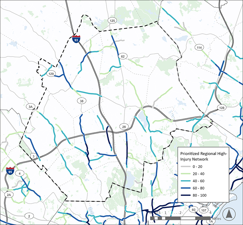 A map of the North Suburban Planning Council (NSPC) Subregion, consisting of a band of communities directly north of Boston. A Prioritized Regional High Injury Network, consisting of highlighted highest-scoring roadway segments, is overlayed on the map. This area has high-scoring segments in Malden and several north-south segments through Burlington, Woburn, Stoneham, Melrose, Ballardville, Hathorne, and Andover.